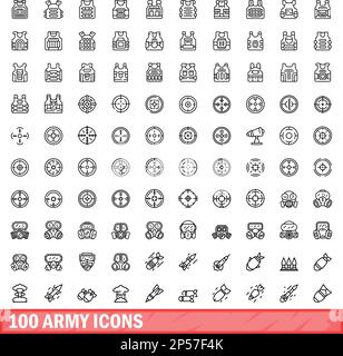 100 Armeesymbole eingestellt. Skizzieren Sie die Darstellung von 100 Armee-Symbolen Vektor auf weißem Hintergrund isoliert gesetzt Stock Vektor