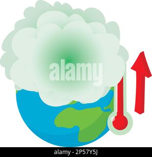 Isometrischer Vektor des Symbols für globale Erwärmung. Dampfwolke über Planet und Thermometer. Klimawandel, Umweltverschmutzung Stock Vektor