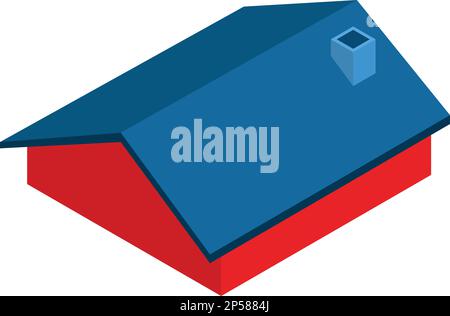 Isometrischer Vektor des Symbols für blaues Dach. Neues Dach eines Wohngebäudes mit Kamin. Bau- und Reparaturkonzept Stock Vektor