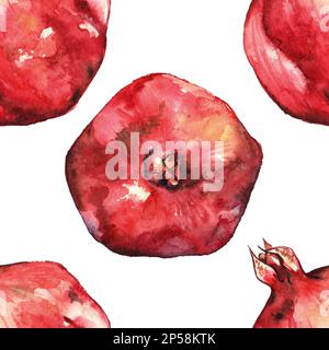 Wasserfarbener, handgezeichneter Granatapfel mit nahtlosem Hintergrund. Stockfoto