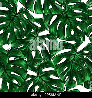 Grünes Monstera Blatt tropische Pflanze Wasserfarbe Strichzeichnung handgezeichnet Skizze nahtlose Muster Texturhintergrund. Stockfoto