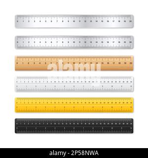 Realistische verschiedene Metall- und Kunststofflineale mit Messskala und -Teilung, Messmarken. Schule Lineal, Zentimeter-und Zoll-Skala für die Länge Stock Vektor