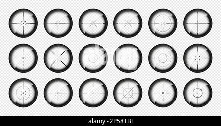 Verschiedene Waffenvisiere, Scharfschützengewehr optische Scopes. Jagdgewehr-Sucher mit Fadenkreuz. Ziel, schießen Marke Symbol. Militärisches Zielzeichen, Silhouette Stock Vektor