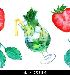 Aquarell Mojito Limette Eis Minze Erdbeercocktail nahtlos gemustert Vektor. Stock Vektor