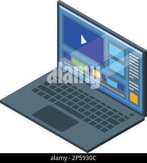 Isometrischer Vektor des Symbols für die Videobearbeitung auf einem Laptop. Filmbearbeitung. Online-Medien Stock Vektor