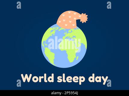 Weltschlaftag. Schlafender Planet Erde Ikone in einer Schlafkappe. Vektordarstellung Stock Vektor
