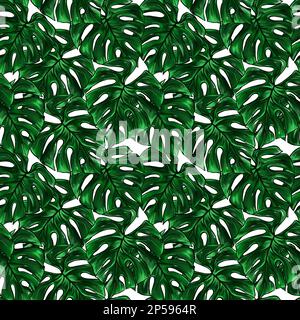 Grünes Monstera Blatt tropische Pflanze Wasserfarbe Strichzeichnung handgezeichnet Skizze nahtlose Muster Texturhintergrund. Stockfoto