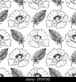 Doodle Schwarzweiß-Mohnfedern mit nahtlosem Muster-Hintergrundtexturvektor. Stock Vektor