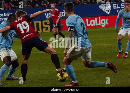 Pamplona, Spanien. 6. März 2023. Sport. Fußball. Das Fußballspiel La Liga Santander zwischen CA Osasuna und RC Celta spielte am 6. März 2023 im El Sadar Stadion in Pamplona (Spanien). Kredit: Iñigo Alzugaray/Alamy Live News Stockfoto