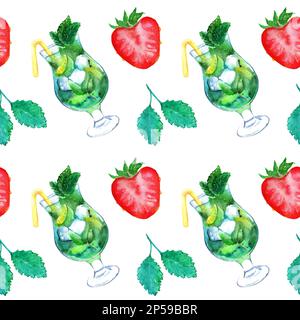 Aquarell Mojito Limette Eis Minze Erdbeercocktail nahtlos gemustert Vektor. Stock Vektor