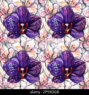 Aquarelle Orchidee Alstroemeria mit nahtloser Struktur auf dem Hintergrund. Stockfoto