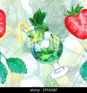 Aquarell Mojito Limette Eis Minze Erdbeercocktail nahtlos gemustert Vektor. Stock Vektor