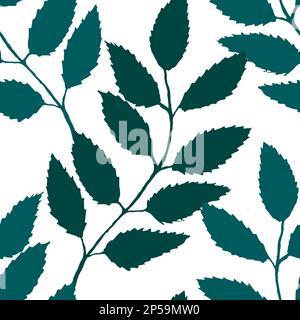 Schwarz-türkisfarbenes Grün Rowanberry ashberry Blatt Silhouette Botanical Illustration nahtlose Muster Textur Hintergrundvektor. Stock Vektor