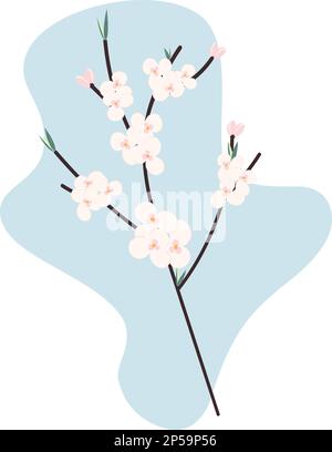 Abstraktes Bild eines blühenden Kirschbaums mit Blüten, Knospen und Blättern. Hallo Frühling. Isolieren. Design für Web, Tapete, Begrüßung oder Einladung, Poster, Banner oder Etikett, Preisschild. EPS Stock Vektor