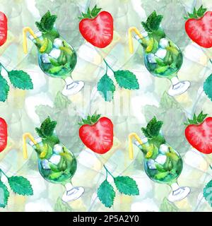 Aquarell Mojito Limette Eis Minze Erdbeercocktail nahtlos gemustert Vektor. Stock Vektor