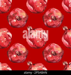 Wasserfarbener, handgezeichneter Granatapfel mit nahtlosem Hintergrund. Stockfoto