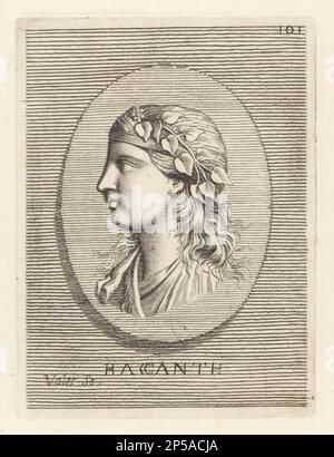 Einer der Bacchantes oder Bacchae. Die Mutter von Dionysus Semele und ihren Schwestern Autonoe, Agave und Ino. Oder eine Anhängerin von Bacchus, römischer gott aus Wein und Trauben, trägt Trauben und Weinblätter im Haar. Baccante. Copperplate-Gravur von Guillaume Vallet nach Giovanni Angelo Canini aus Iconografia, cioe disegni d'imagini de Famosissimi monarchi, would, filososi, poeti ed oratori dell' Antichita, Zeichnungen von berühmten Monarchen, Königen, Philosophen, Dichtern und Ignarern von Rom, 1699. Stockfoto