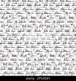 Herbsttext Kursivschrift typografische Tinte handgezeichnet Schwarzweiß-Rotes Kunstvektor nahtlose Musterstruktur Hintergrund. Stock Vektor