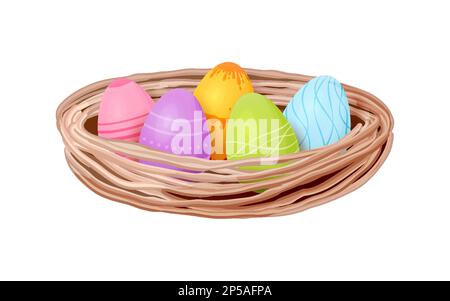 Vögel Nest Zweige farbenfrohe ostereier-Ikone-Zeichentrickfilm. Geometrisches Muster festliches Designelement Gruß Urlaubskarte flache Werbung Lebensmittel Einkauf Frühlingsferien Auferstehung jesus isoliert Stock Vektor