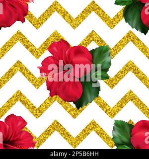 Hibiscus Karkade tropische exotische Blume Glitzer geometrischer Zickzack-Hintergrund mit nahtlosem Muster. Stockfoto