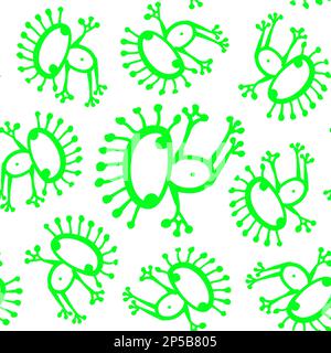 Neongrün-Weiß-Kritzelfrosch, nahtloser Mustervektor. Stock Vektor