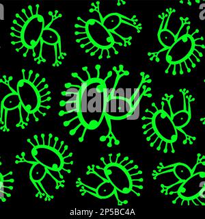 Neongrün Schwarz Schwarz Doodle Alien Frog nahtloser Mustervektor. Stock Vektor