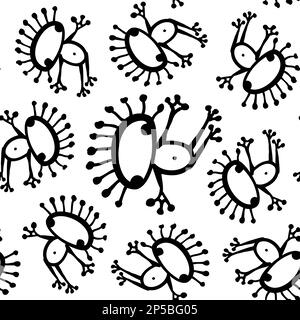 Schwarzweißer einfarbiger Alien-Frosch, nahtloser Mustervektor. Stock Vektor