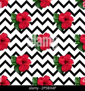 Rote Hibiskuskarkade tropische exotische Blumenpflanze geometrischer Hintergrund mit nahtlosem Muster. Stockfoto