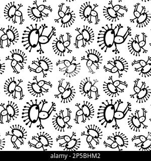 Schwarzweißer einfarbiger Alien-Frosch, nahtloser Mustervektor. Stock Vektor