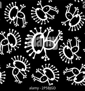 Schwarzweißer einfarbiger Alien-Frosch, nahtloser Mustervektor. Stock Vektor