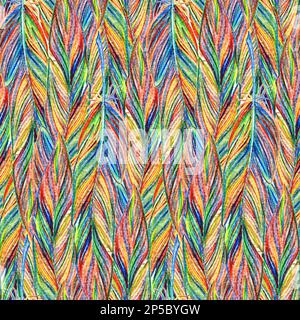 Regenbogen farbenfrohe Vogelfedern Geflecht mit nahtloser Struktur Hintergrund. Stockfoto