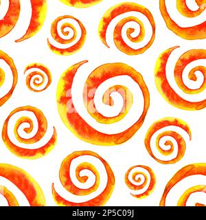 Aquarell Rot Orange Gelb Krawatte Farbstoff Spirale nahtlose Muster Texturhintergrund. Stockfoto