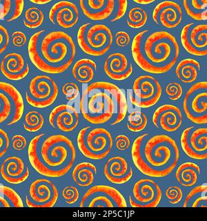 Aquarell Rot Orange Gelb Krawatte Farbstoff Spirale nahtlose Muster Texturhintergrund. Stockfoto