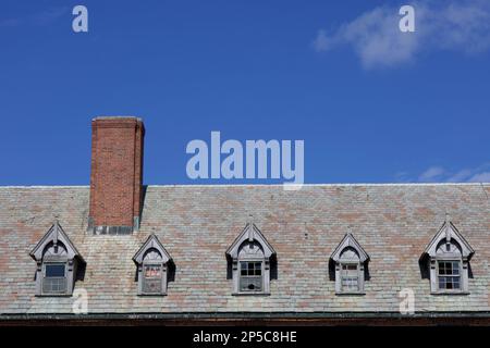 Dachterrasse mit Kamin und Studentenfenstern einer ehemaligen medizinischen Einrichtung. Jetzt Seaside State Park in Waterford, Connecticut, USA. Stockfoto