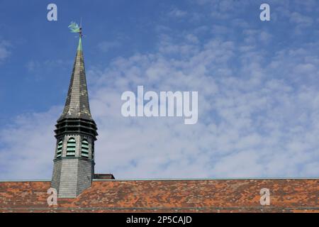 Gefliestes, rotes Dach eines historischen Gebäudes. Spire mit der Wetterfahne des Schiffs oben. Blauer Himmel mit Wolken als Kulisse. Stockfoto