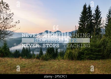 Nie Aufhören Zu Lernen, Denn Das Leben Hört Nie Auf Zu Lehren. Motivierendes Zitat, das besagt, dass Wissen jeden Tag von überall kommt. Text gegen Schönheit Stockfoto