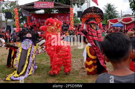 Die Farbenfrohen Kostüme Von Reog Und Lion Dance, Beim Muntok City Folk Entertainment Festival, Während Des Tages In Muntok Stockfoto