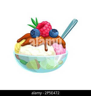 Cartoon-Eisbecher mit Früchten im Glasbecher, süßes Vektoressen. Sommerdessert mit Vanille-, Erdbeeren- und Mango-Eislöffel in Schüssel mit Stock Vektor