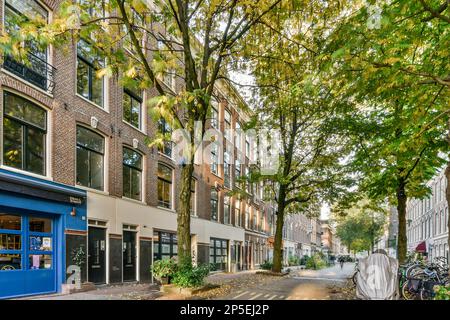 Amsterdam, Niederlande - 10. April 2021: Stadtstraße mit geparkten Autos und Fahrrädern auf dem Gehweg vor einem Apartmentgebäude, umgeben von Bäumen Stockfoto