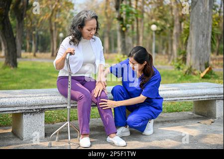 Eine fürsorgliche asiatische Krankenschwester unterstützt eine behinderte alte Dame, während sie in einem Park spaziert. 60s asiatische Frau, die von einer netten Pflegekraft am Bein massiert wurde Stockfoto
