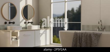 Modernes, elegantes, weißes Badezimmer mit Badewanne, Doppelwaschbecken am Badezimmerschrank und Spiegeln. 3D-Rendering, 3D-Abbildung Stockfoto