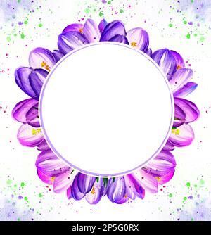 Weißer runder Rahmen auf wässrigem Hintergrund mit Frühlingsblumen, handgezeichnete Illustration mit Krokus Stockfoto