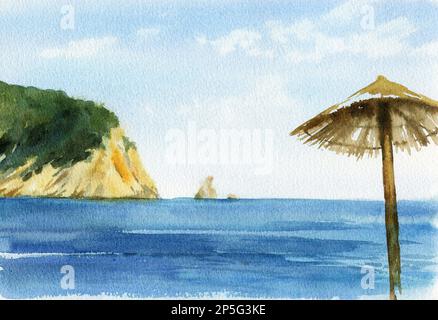 Aquarelle Meereslandschaft, Strand mit Sonnenschirmen, Berge am Horizont, handgemusterte Skizze Stockfoto