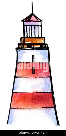 Aquarelle Darstellung des Leuchtturms. Zeichnen Sie mit der Hand. Ideal für Postkarten, Banner, Seegrenzen. Rot, Weiß, Braun, Schwarz. Stockfoto