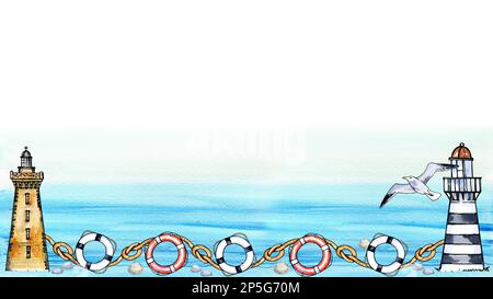 Aquarelle Grenze mit Leuchtturm, Seevögel, Lebensretter und Knoten auf Meereshintergrund. Aquarelldarstellung. Zeichnen Sie mit der Hand eine Skizze. Marinethemen Stockfoto