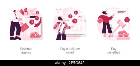 Abstraktes Konzept für Steuerzahlung - Vektordarstellungsset. Steuerbehörde, Zahlung eines geschuldeten Saldos, Zahlung von Strafen, Gutschrift, Steuererklärung, Gehaltsabrechnungskonto, Familienvorteil, abstrakte Metapher für GST und HST. Stock Vektor