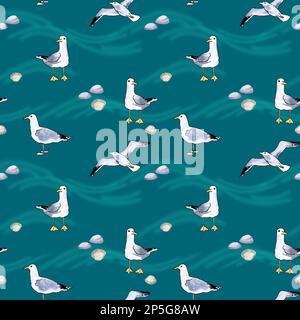 Nahtloses Muster mit Seevögel auf blauem Hintergrund. Aquarelldarstellung. Zeichnen Sie mit der Hand eine Skizze. Stockfoto