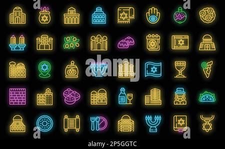 Israelische Symbole legen den Konturvektor fest. Flugzeugjubiläum. Turmwand in Neonfarbe auf Schwarz Stock Vektor