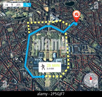 Geh zu Fuß hin. Zugeschnittenes Bild einer Satellitenkarte mit verschiedenen Routen in Farbe. Stockfoto