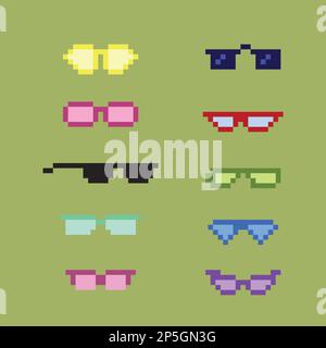 Pixelartiger Brillenrahmen oder Sonnenbrille mit pixelartiger Brille. Pixel-Kunstset mit Brillen und Sonnenbrillen. 8-Bit-Bildvektor, isoliert auf Volumenkörper Stock Vektor